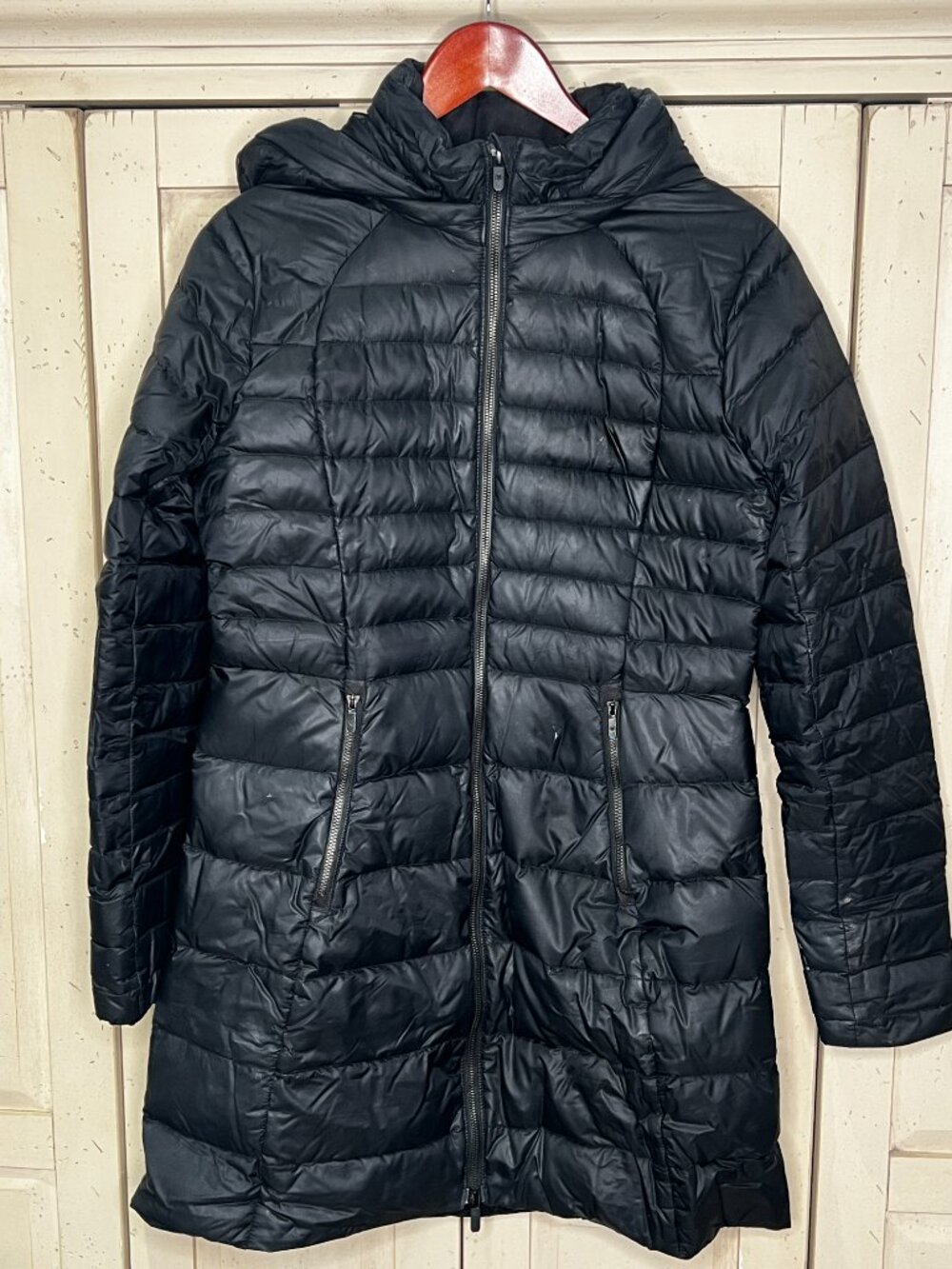 Lululemon Black Long Quilted Puffer Coat Hooded Zip Pockets Women's Size 8 - Picture 5 of 11